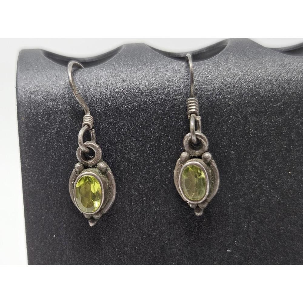 Vintage Sterling Silver Peridot Green Oval DROPS EARRINGS Dangle